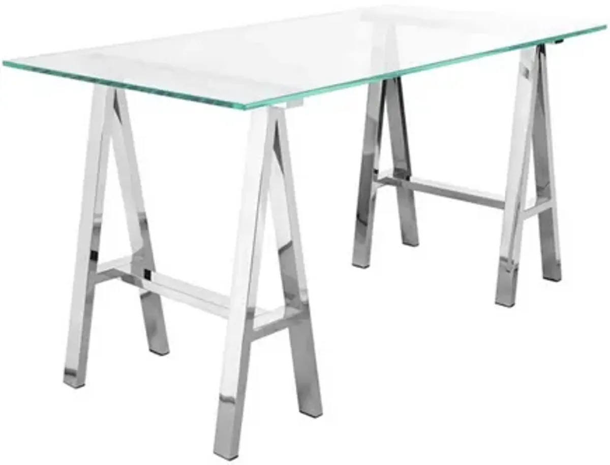 Rani 55 Inch Office Desk, Tempered Glass Top, Modern Chrome Steel Frame - Benzara