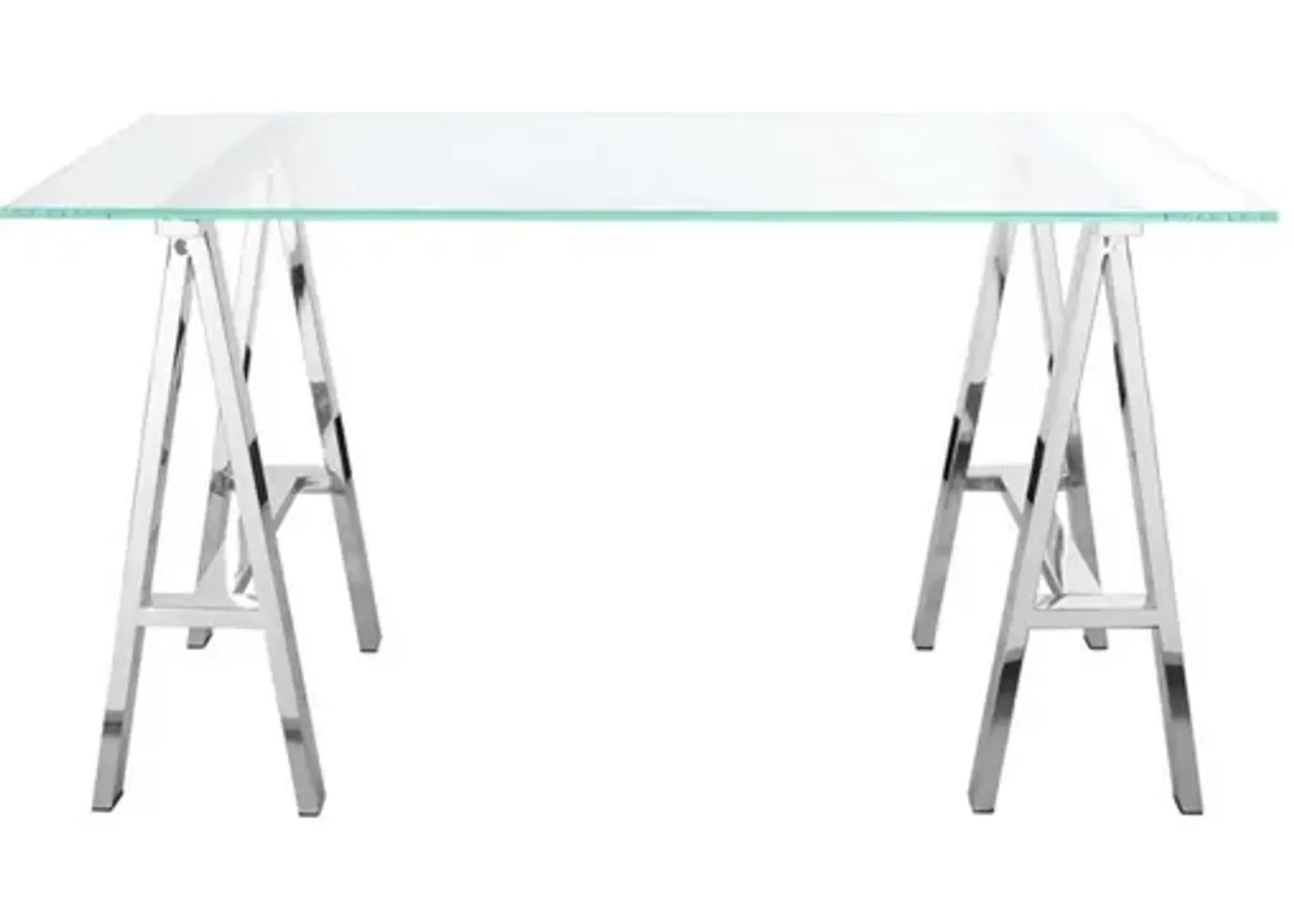 Rani 55 Inch Office Desk, Tempered Glass Top, Modern Chrome Steel Frame - Benzara