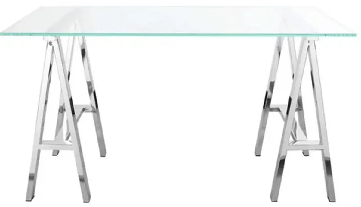 Rani 55 Inch Office Desk, Tempered Glass Top, Modern Chrome Steel Frame - Benzara