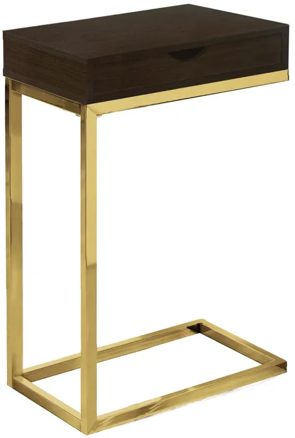 Monarch Specialties I 3236 Accent Table, C-shaped, End, Side, Snack, Storage Drawer, Living Room, Bedroom, Metal, Laminate, Brown, Gold, Contemporary, Modern
