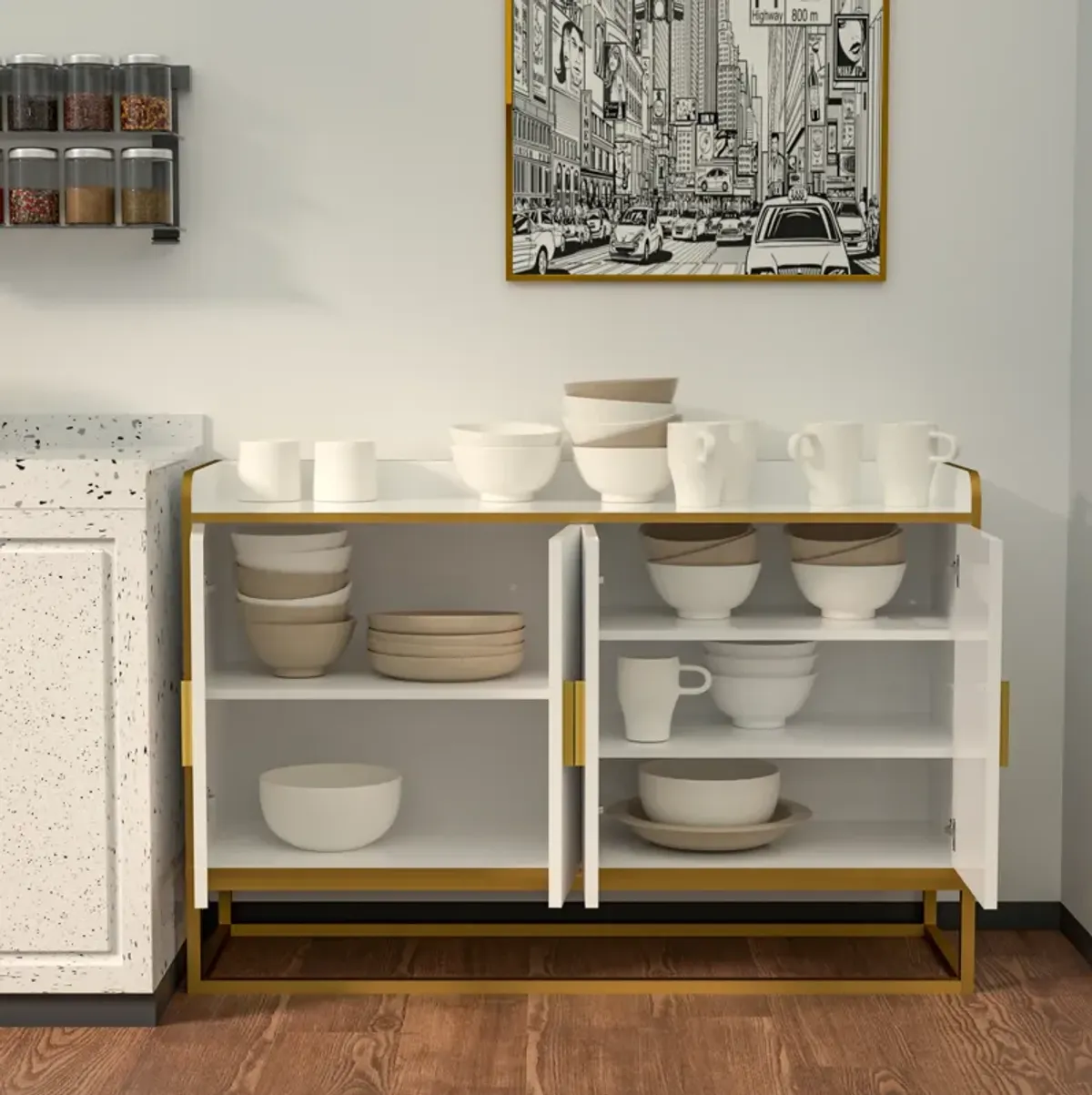 Modern Kitchen Buffet Storage Cabinet Cupboard Gloss Finish Metal Legs Ideal for Living Room And Kitchen