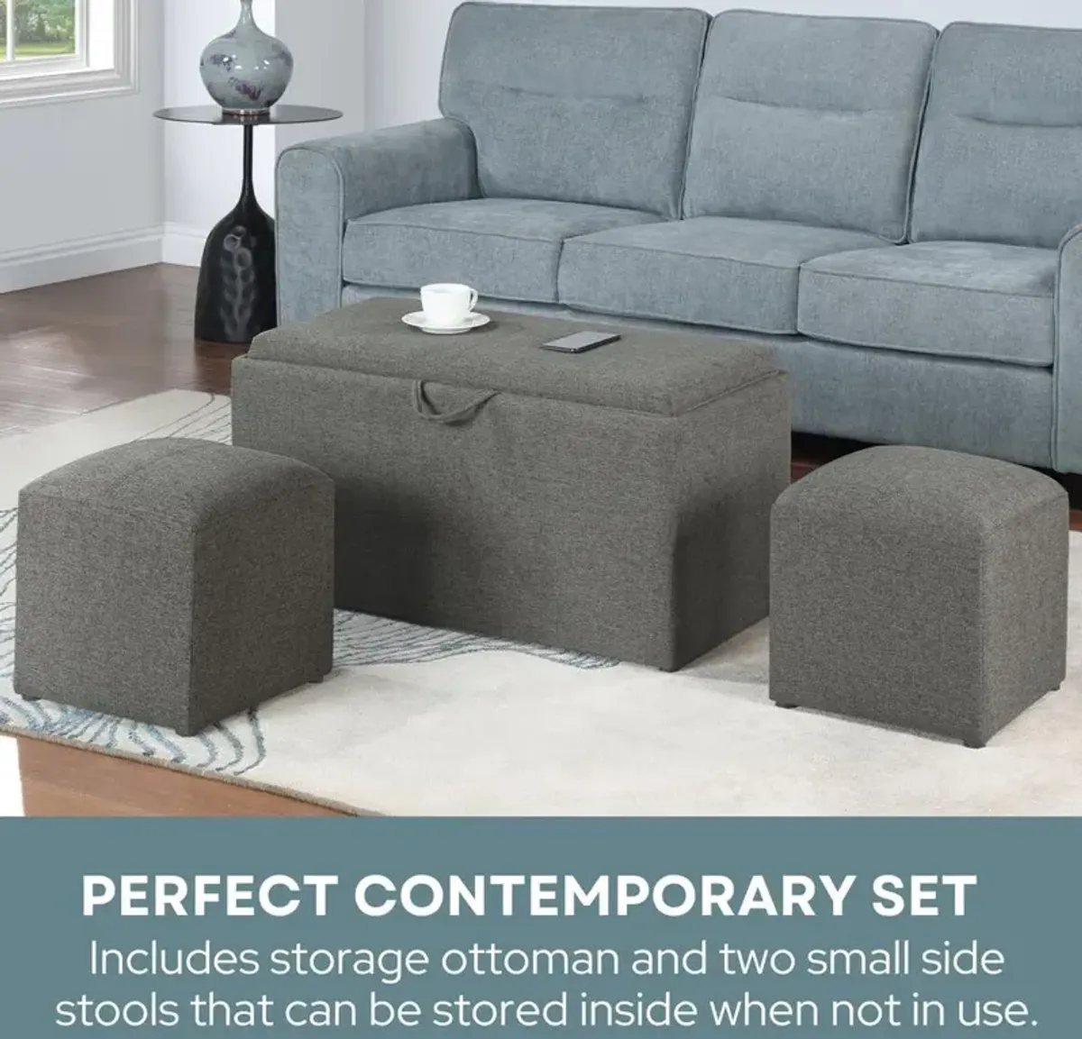 Convience Concept, Inc. Comfort Sheridan Storage Ottoman with Reversible Tray and 2 Side Ottomans