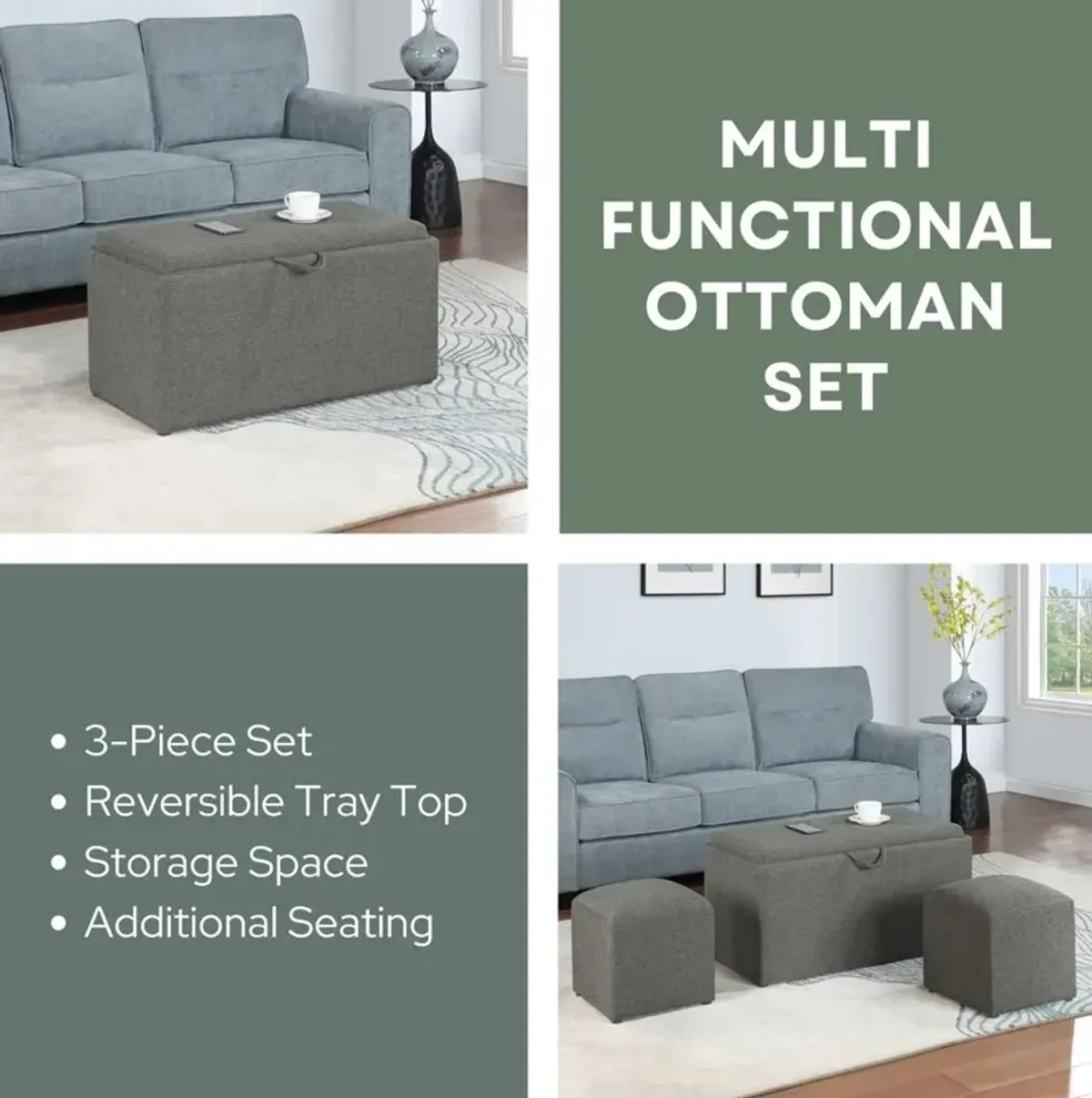 Convience Concept, Inc. Comfort Sheridan Storage Ottoman with Reversible Tray and 2 Side Ottomans