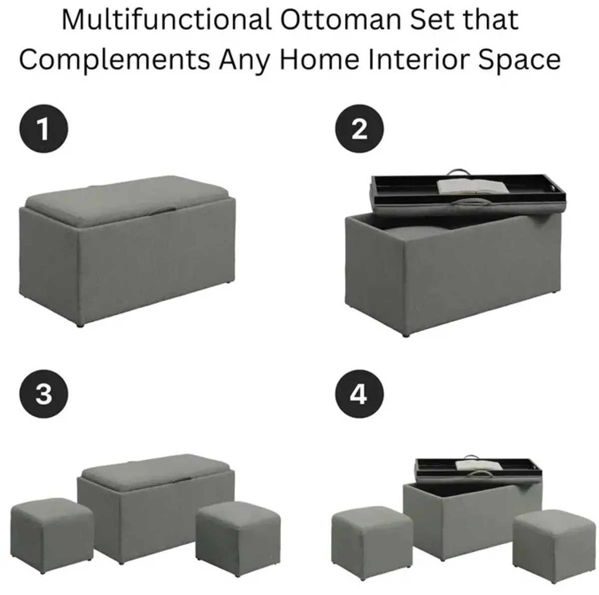 Convience Concept, Inc. Comfort Sheridan Storage Ottoman with Reversible Tray and 2 Side Ottomans