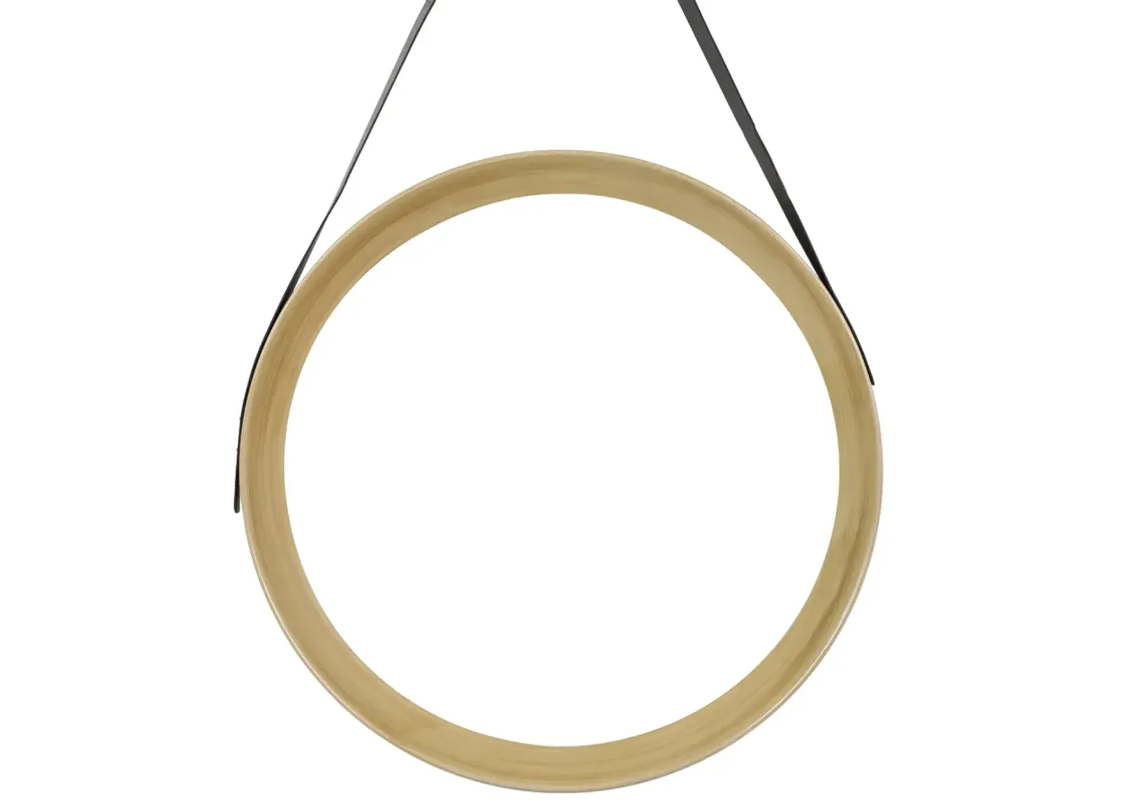 20" Wooden Finish Round Wall Mirror with Black Hanging Strap