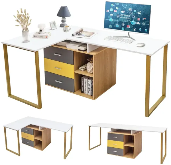 87 Inch 2 Person Adjustable L-Shaped Computer Desk