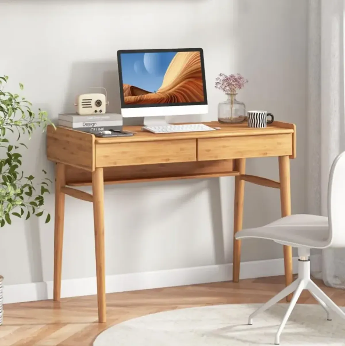 Hivvago Bamboo Writing Desk with 2 Storage Drawers and Open Shelf