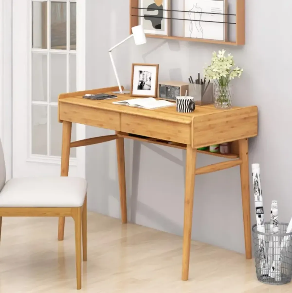 Hivvago Bamboo Writing Desk with 2 Storage Drawers and Open Shelf