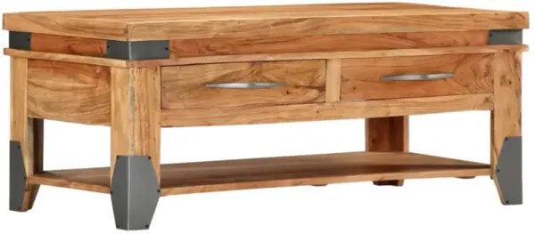 vidaXL Solid Acacia Wood Coffee Table - Natural Finish, with Drawers and Shelf, Polished and Lacquered - Perfect for Living Room, Durable Construction