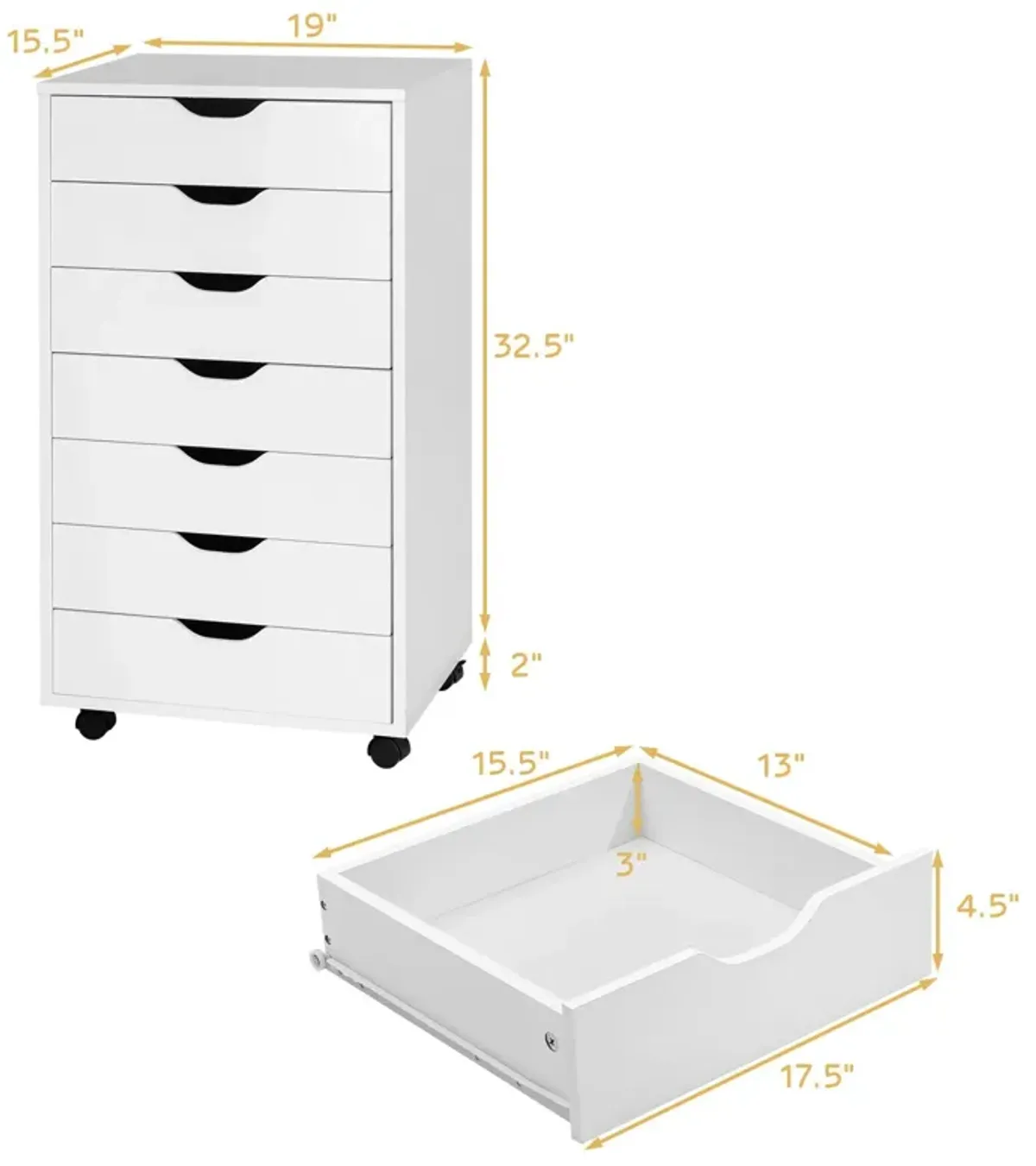 7-Drawer Chest Storage Dresser Floor Cabinet Organizer with Wheels-White