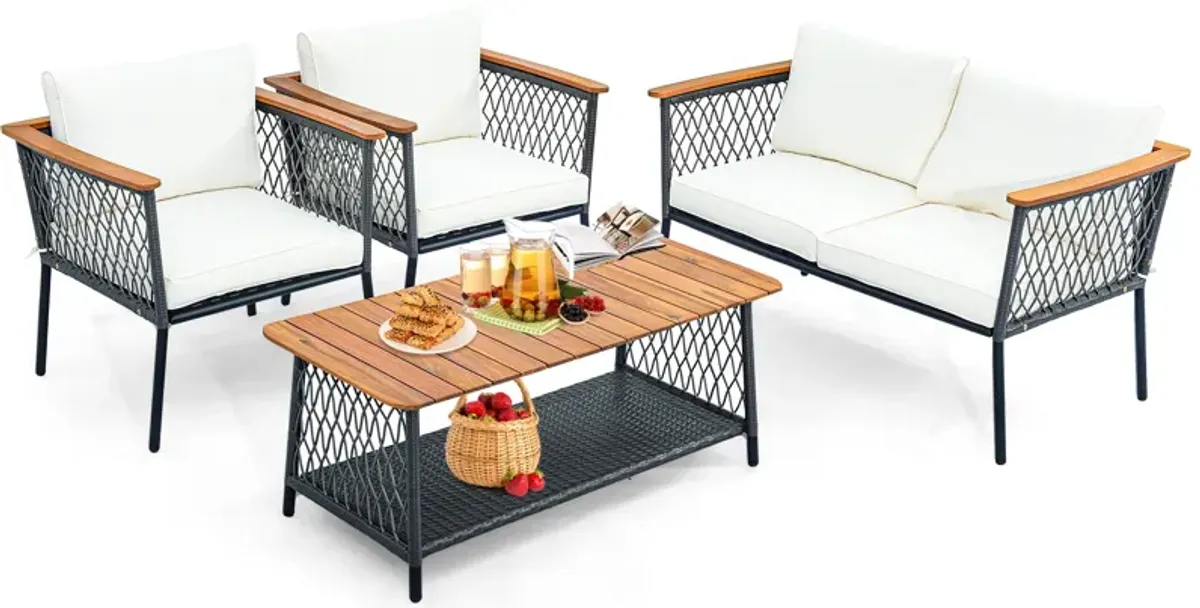 4 Piece Patio Rattan Furniture Set with 2-Tier Coffee Table-White