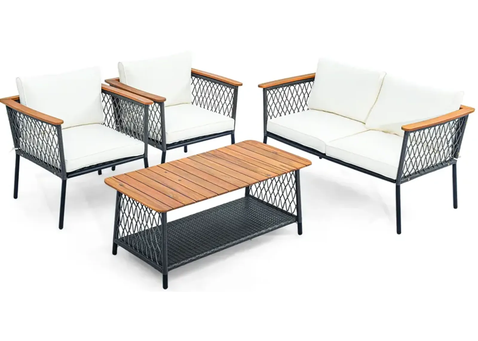 4 Piece Patio Rattan Furniture Set with 2-Tier Coffee Table-White