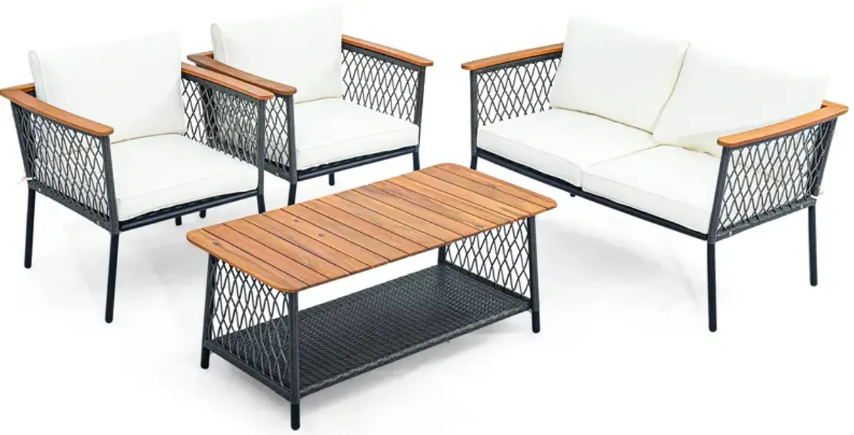 4 Piece Patio Rattan Furniture Set with 2-Tier Coffee Table-White