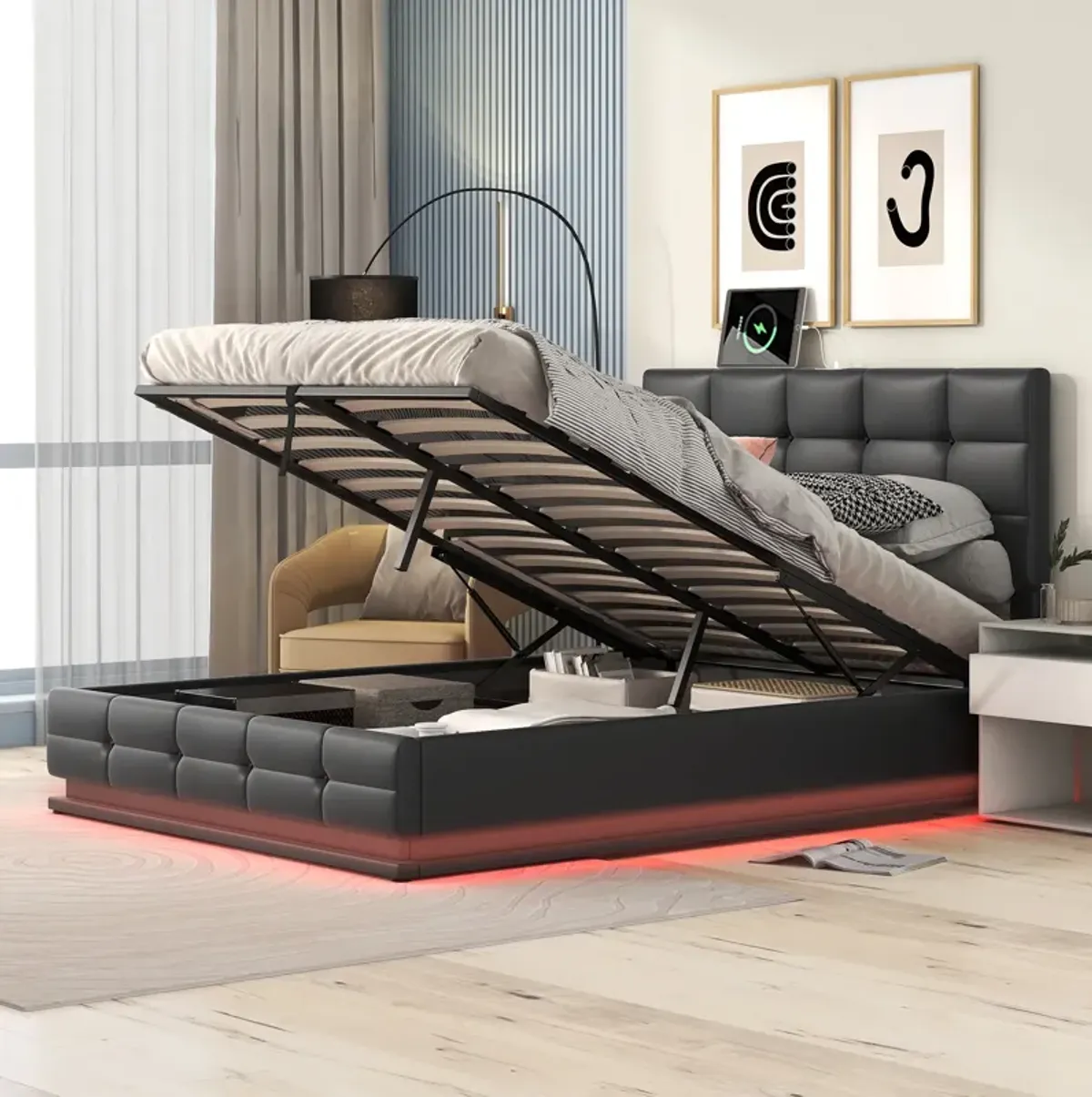 Merax Tufted Upholstered Platform Bed with Hydraulic Storage System