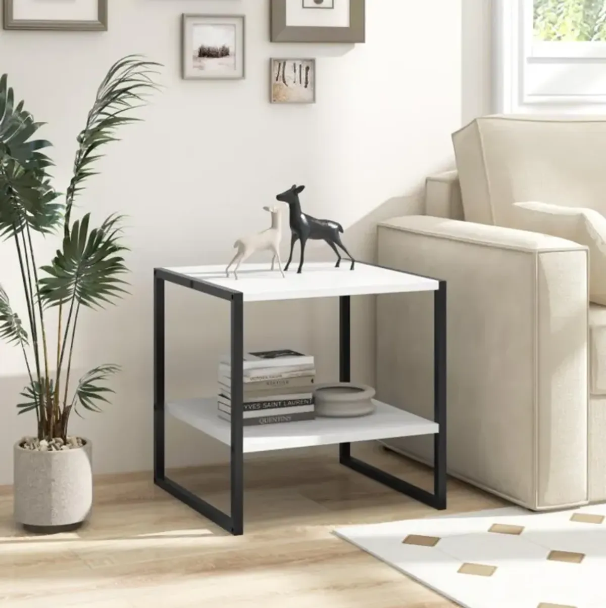 Hivvago 2-Tier Square End Table with Storage Shelf Reversible Design-White