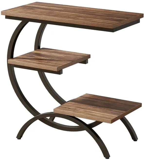 C-Shaped End Table, 3 Tier, Dark Brown Top, Matte Black Metal, 26 Inch - Benzara