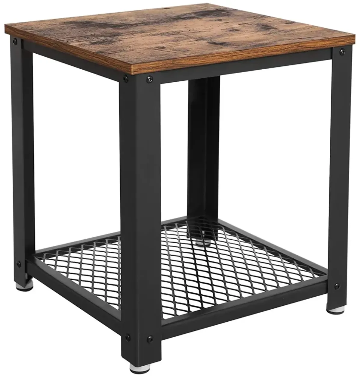 Metal Frame End Table with Wooden Top and Wide Mesh Bottom Shelf, Brown and Black-Benzara