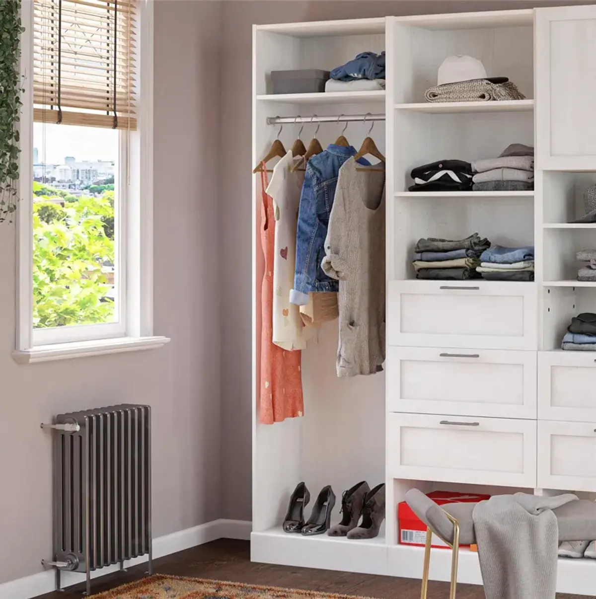 Elba Open Shelf and Hanging Clothing Rod Modular Closet Unit, Ivory Oak