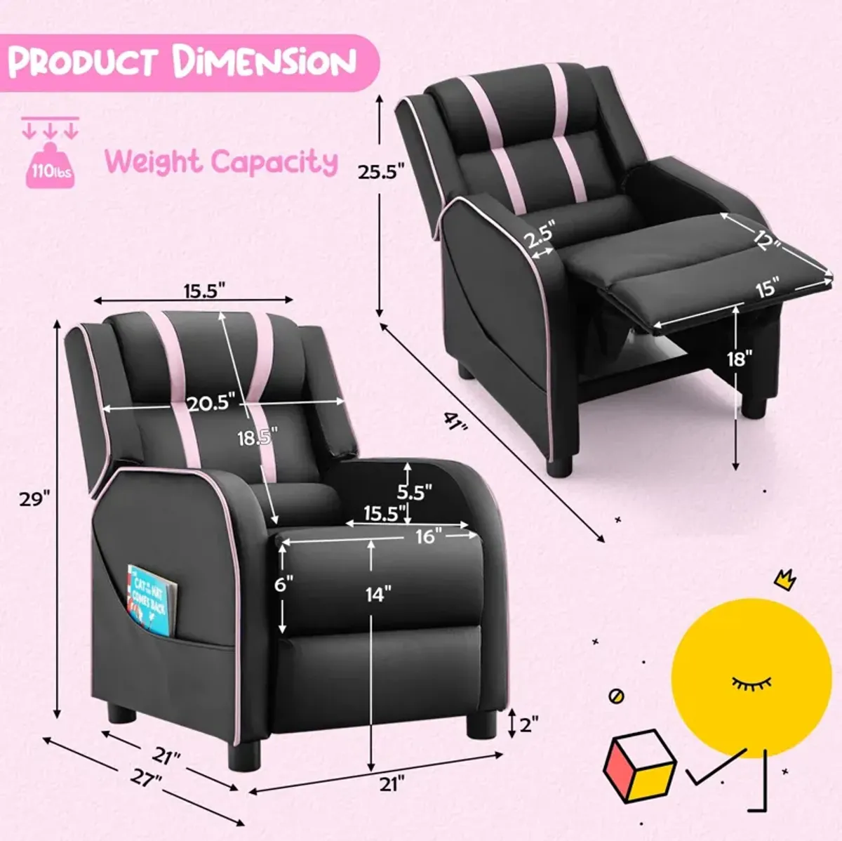 Comfortable Kids Recliner Chair with Side Pockets and Adjustable Footrest for Playtime and Relaxation