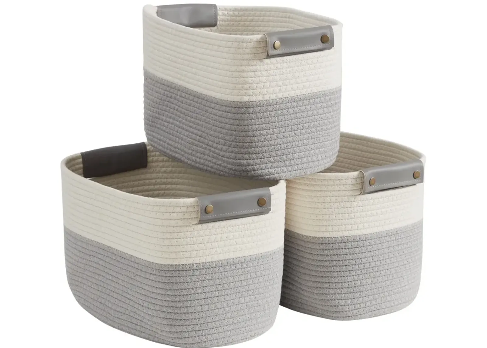 3 Pack Woven Cotton Rope Shelf Storage Basket with Leather Handles