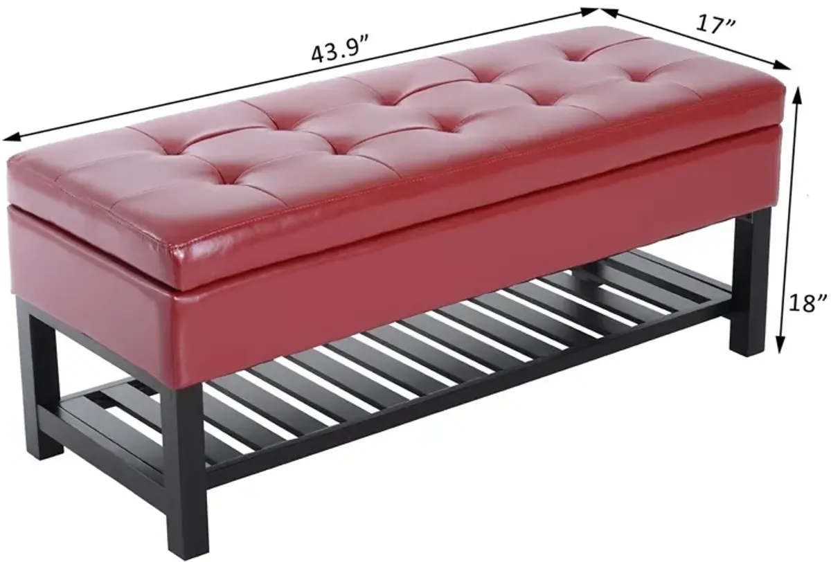 Bold Storage Solution: 44" Crimson Faux Leather Tufted Ottoman Bench