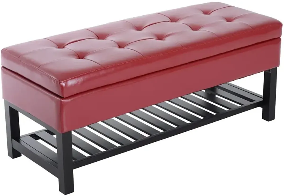 Bold Storage Solution: 44" Crimson Faux Leather Tufted Ottoman Bench