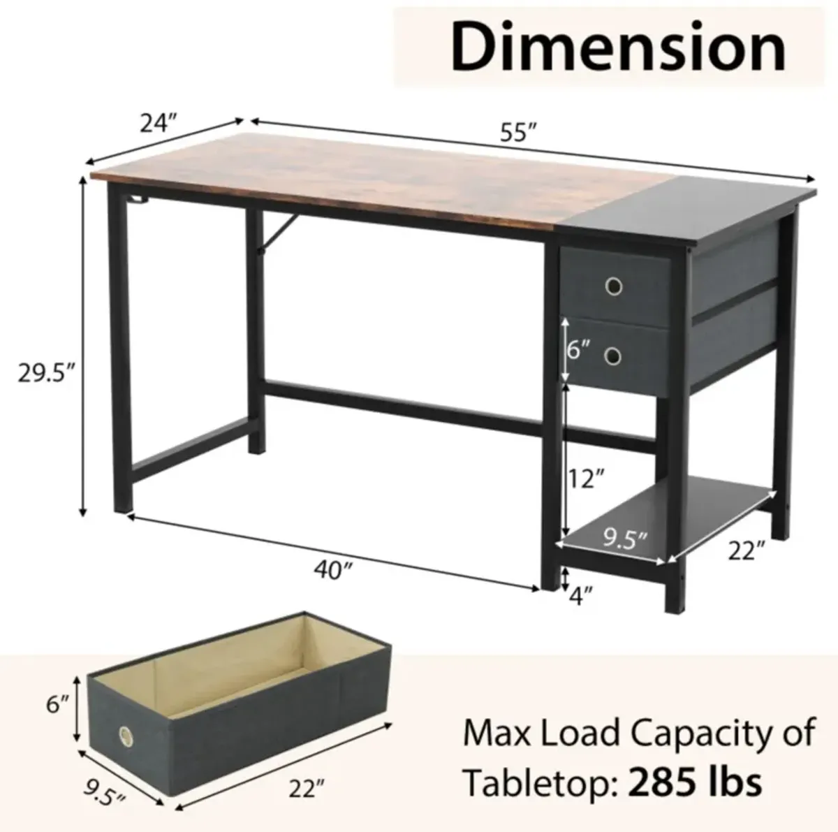 Hivvago Home Office Desk with 2 Drawers Hanging Hook