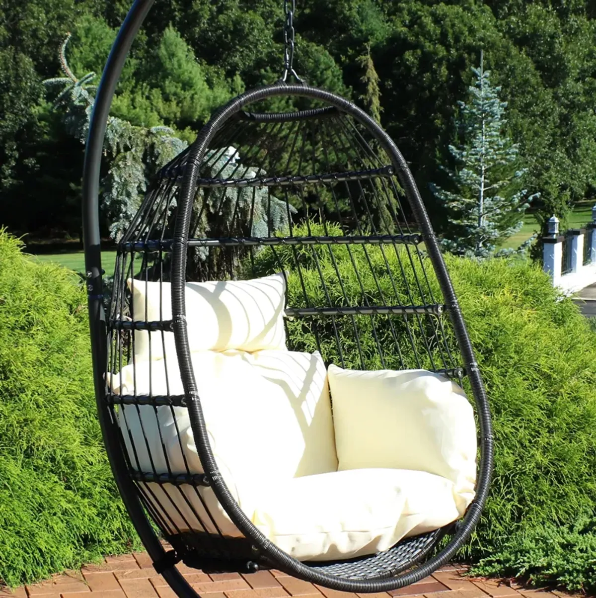 Sunnydaze Resin Wicker Hanging Egg Chair with Polyester Cushions