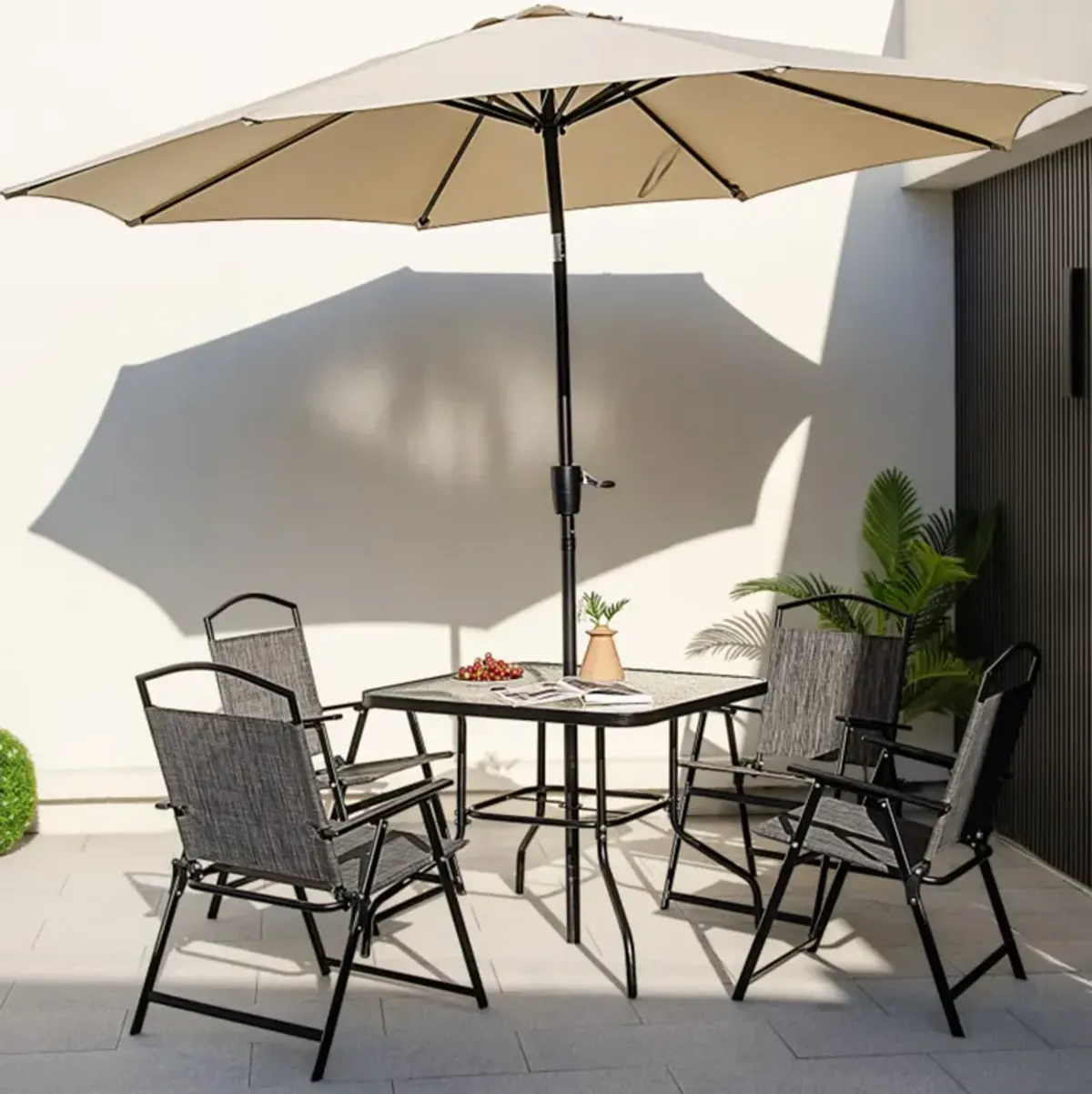 Mondawe 5-Piece Patio Dining Set,With 4 Foldable Chairs & Tempered Glass Table, Umbrella Hole