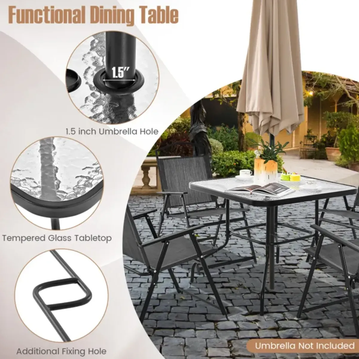 Mondawe 5-Piece Patio Dining Set,With 4 Foldable Chairs & Tempered Glass Table, Umbrella Hole