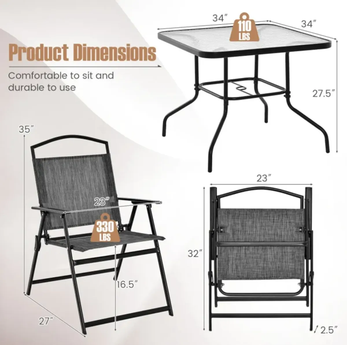 Mondawe 5-Piece Patio Dining Set,With 4 Foldable Chairs & Tempered Glass Table, Umbrella Hole