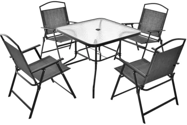 Mondawe 5-Piece Patio Dining Set,With 4 Foldable Chairs & Tempered Glass Table, Umbrella Hole