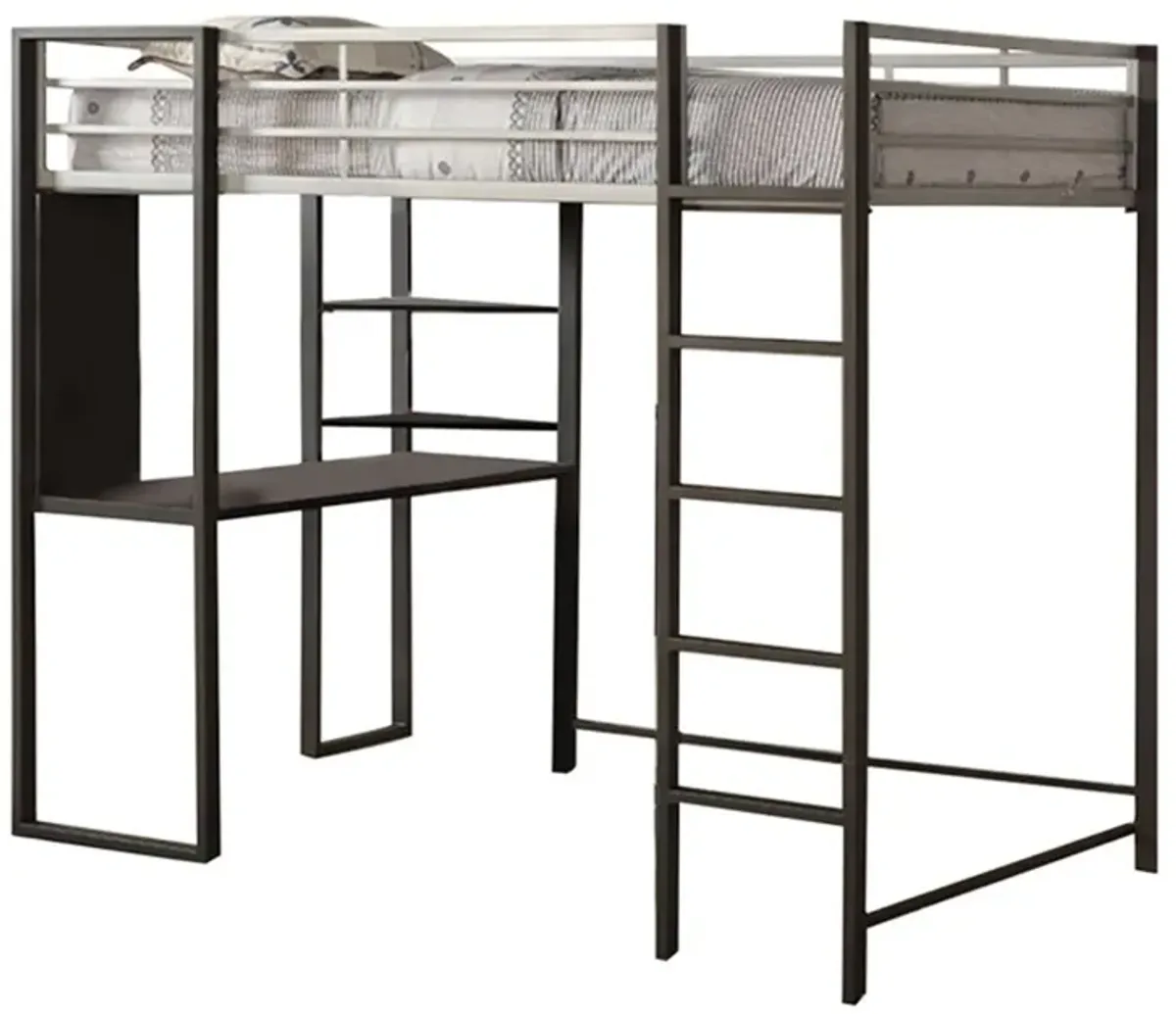 Full Size Metal Bunk Bed With Workstation, Black and Silver - Benzara