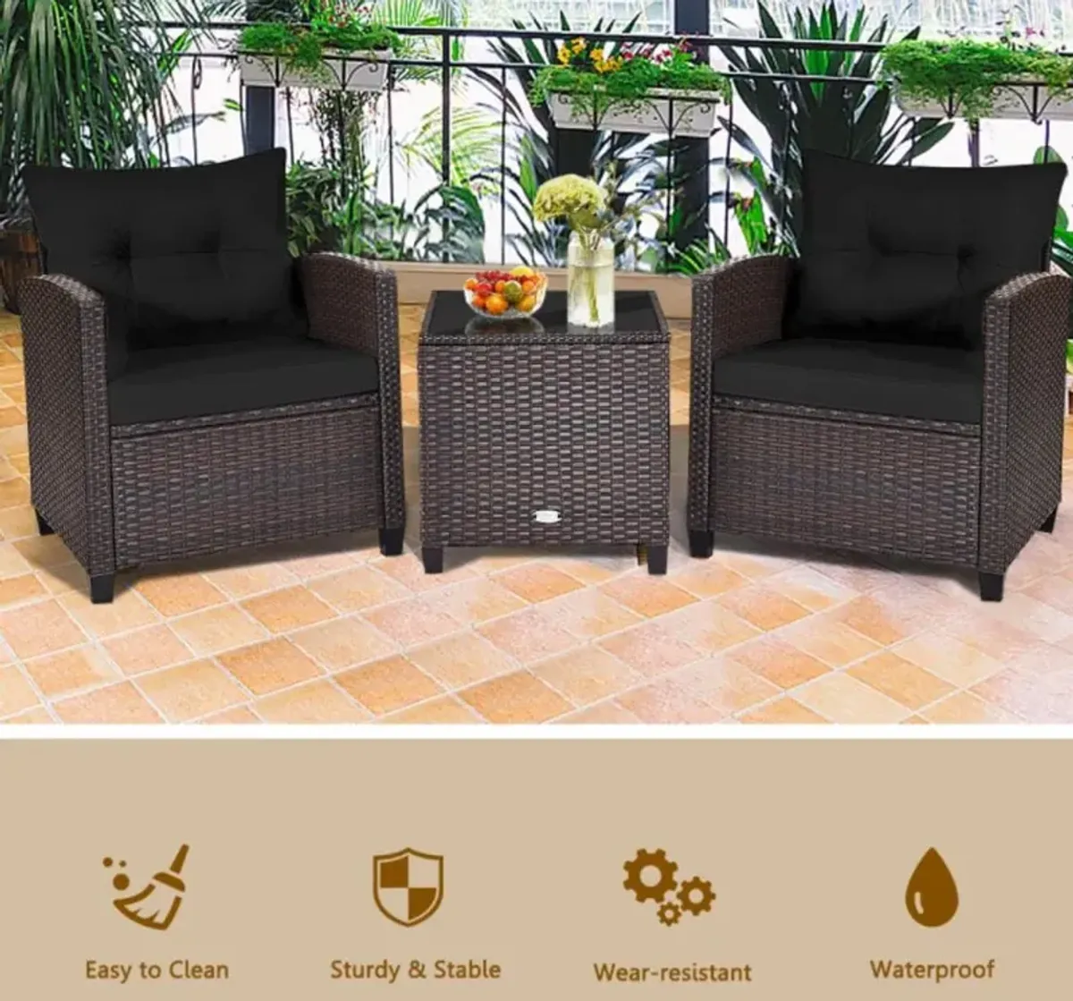 Hivvago 3 Pieces Rattan Patio Furniture Set with Washable Cushion