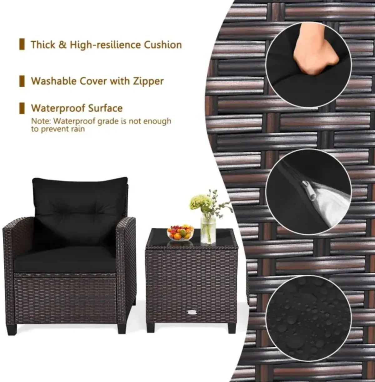 Hivvago 3 Pieces Rattan Patio Furniture Set with Washable Cushion