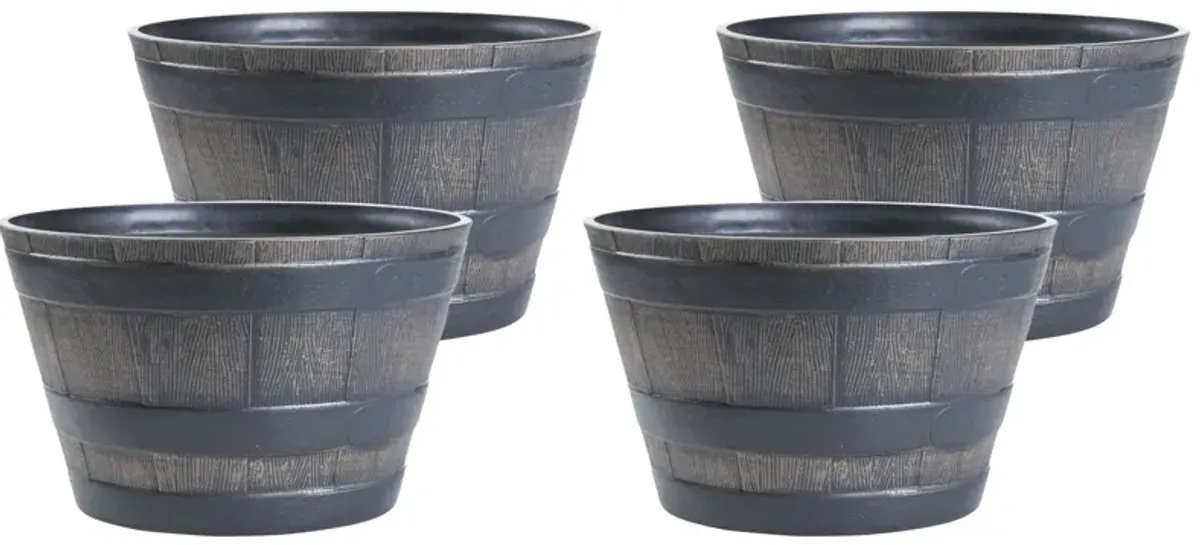 Rustic Wood - Look Plastic Half Barrel Flower Pot, Pack of 4