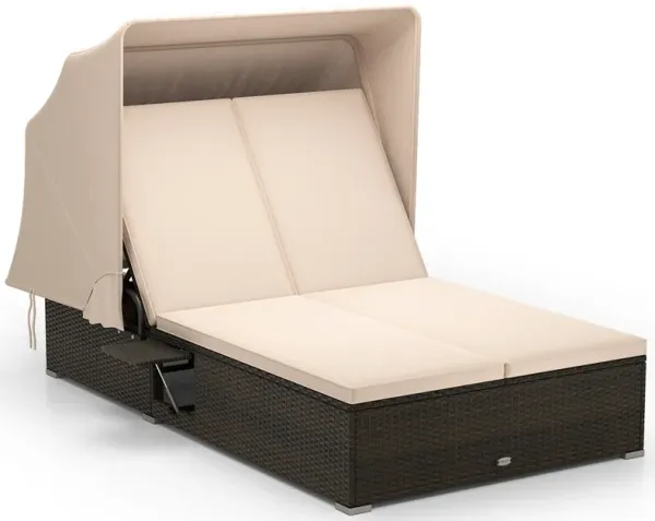 Patio Double Chaise Lounge with Shade Cushions and Folding Side Trays