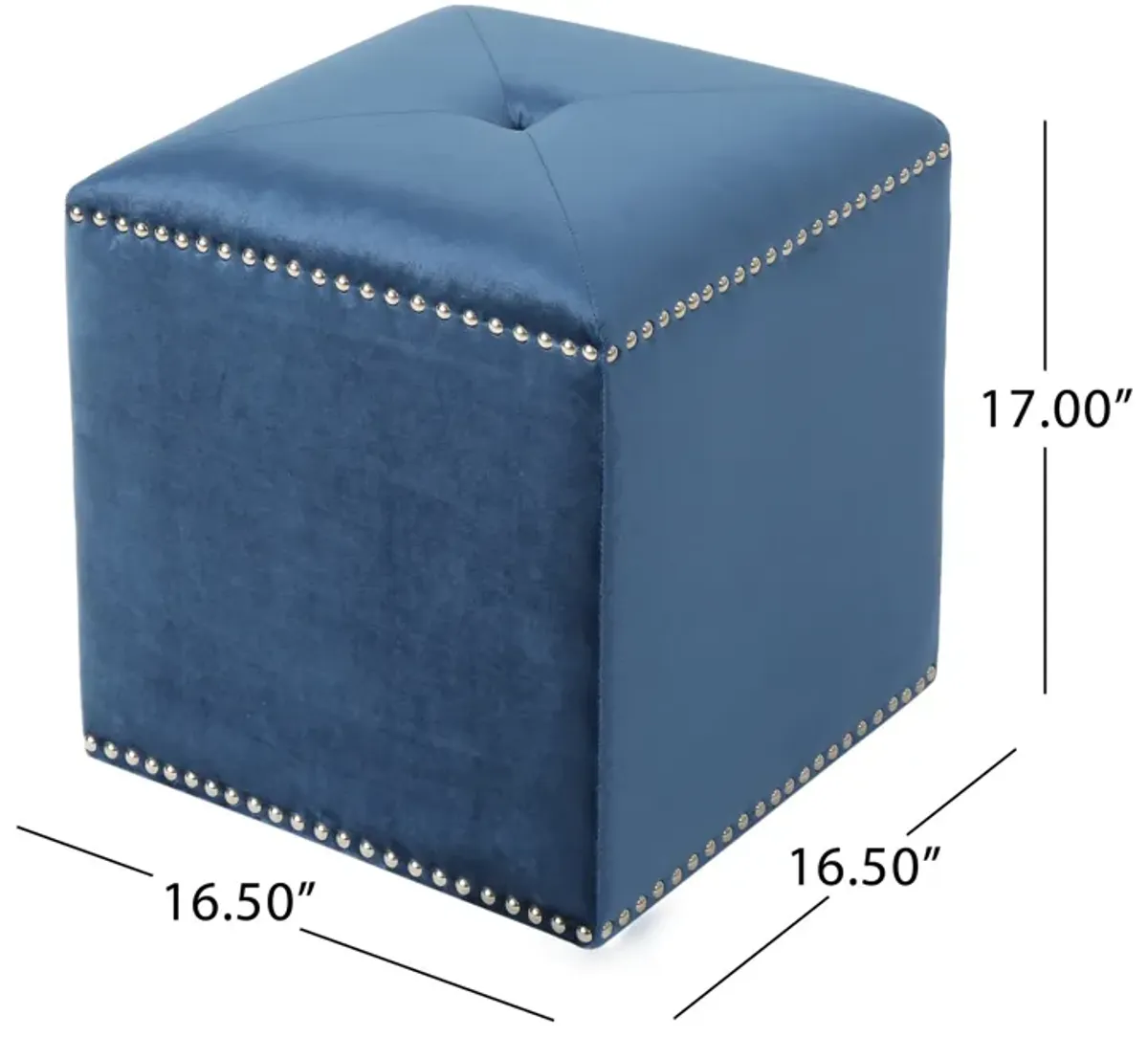 Neli Ottoman, Blue Velvet, Single Tuft on Top, Nailhead Trim, 17 Inch - Benzara