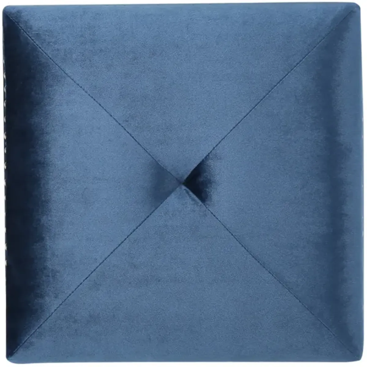 Neli Ottoman, Blue Velvet, Single Tuft on Top, Nailhead Trim, 17 Inch - Benzara
