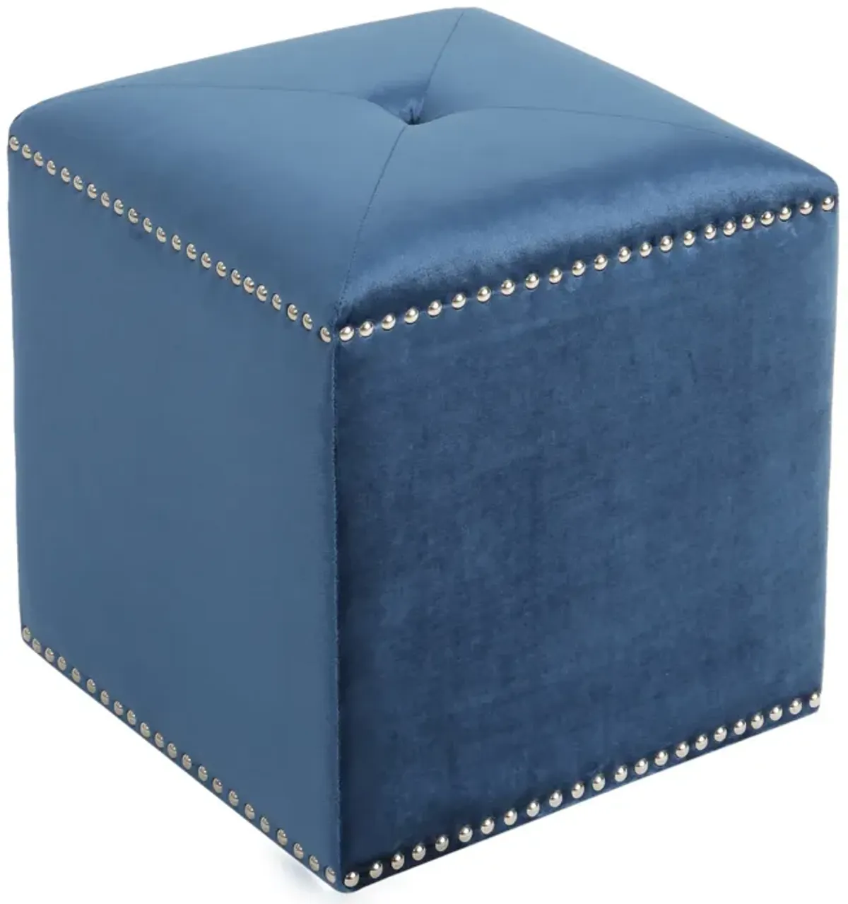 Neli Ottoman, Blue Velvet, Single Tuft on Top, Nailhead Trim, 17 Inch - Benzara
