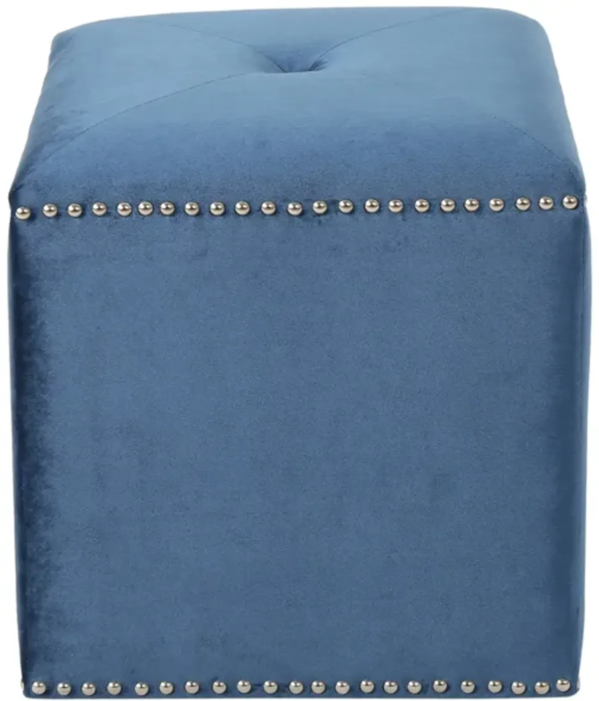 Neli Ottoman, Blue Velvet, Single Tuft on Top, Nailhead Trim, 17 Inch - Benzara