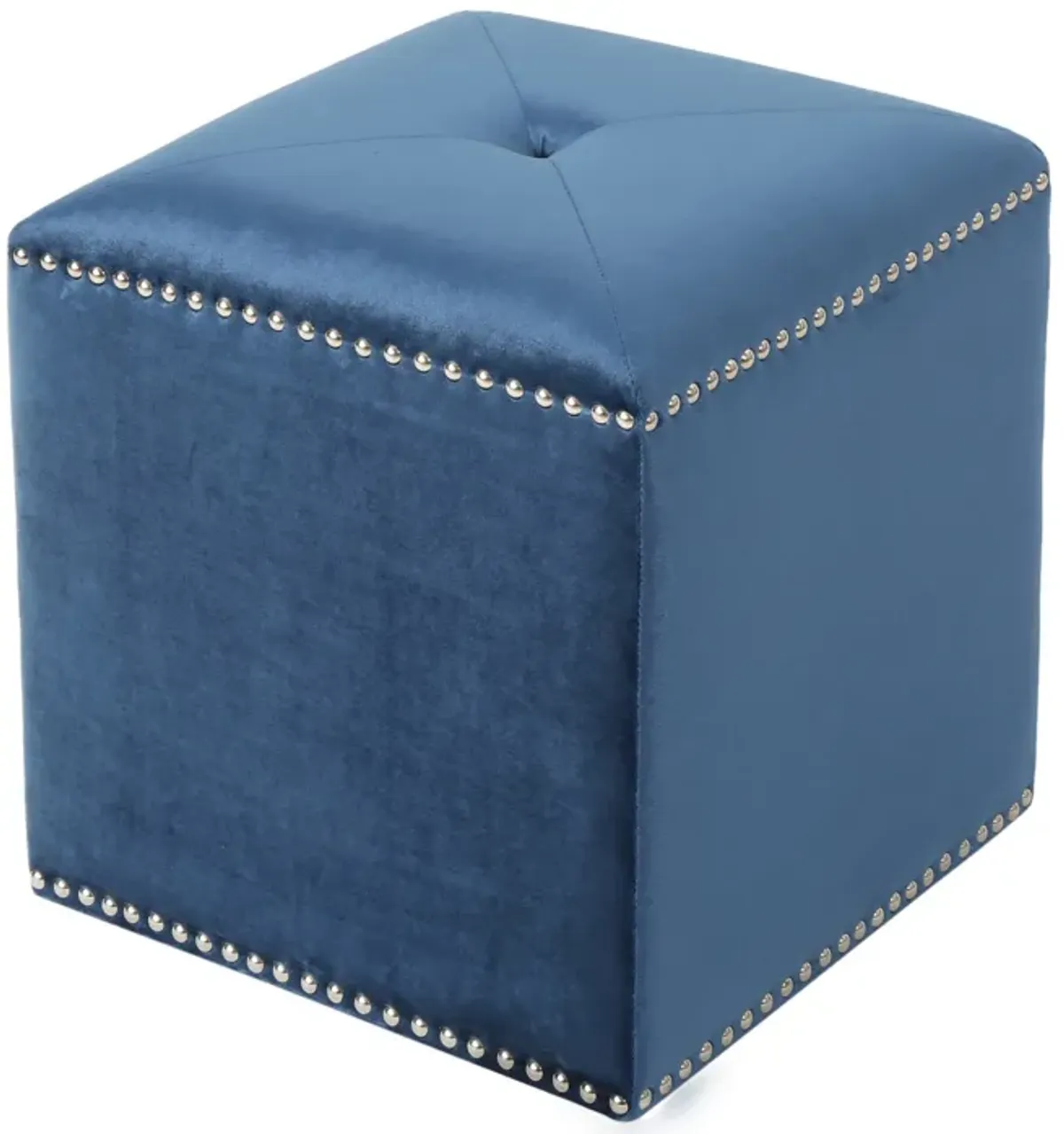 Neli Ottoman, Blue Velvet, Single Tuft on Top, Nailhead Trim, 17 Inch - Benzara