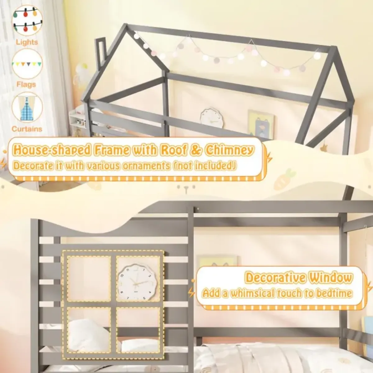 Hivvago Twin Size Wooden Platform House Bed with Trundle and Roof