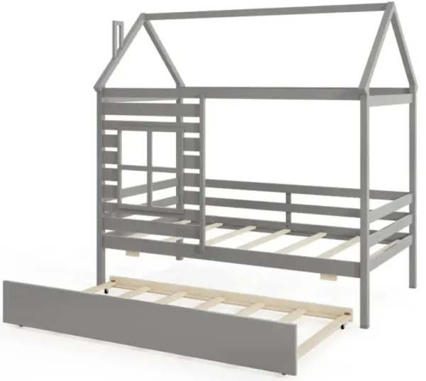 Hivvago Twin Size Wooden Platform House Bed with Trundle and Roof