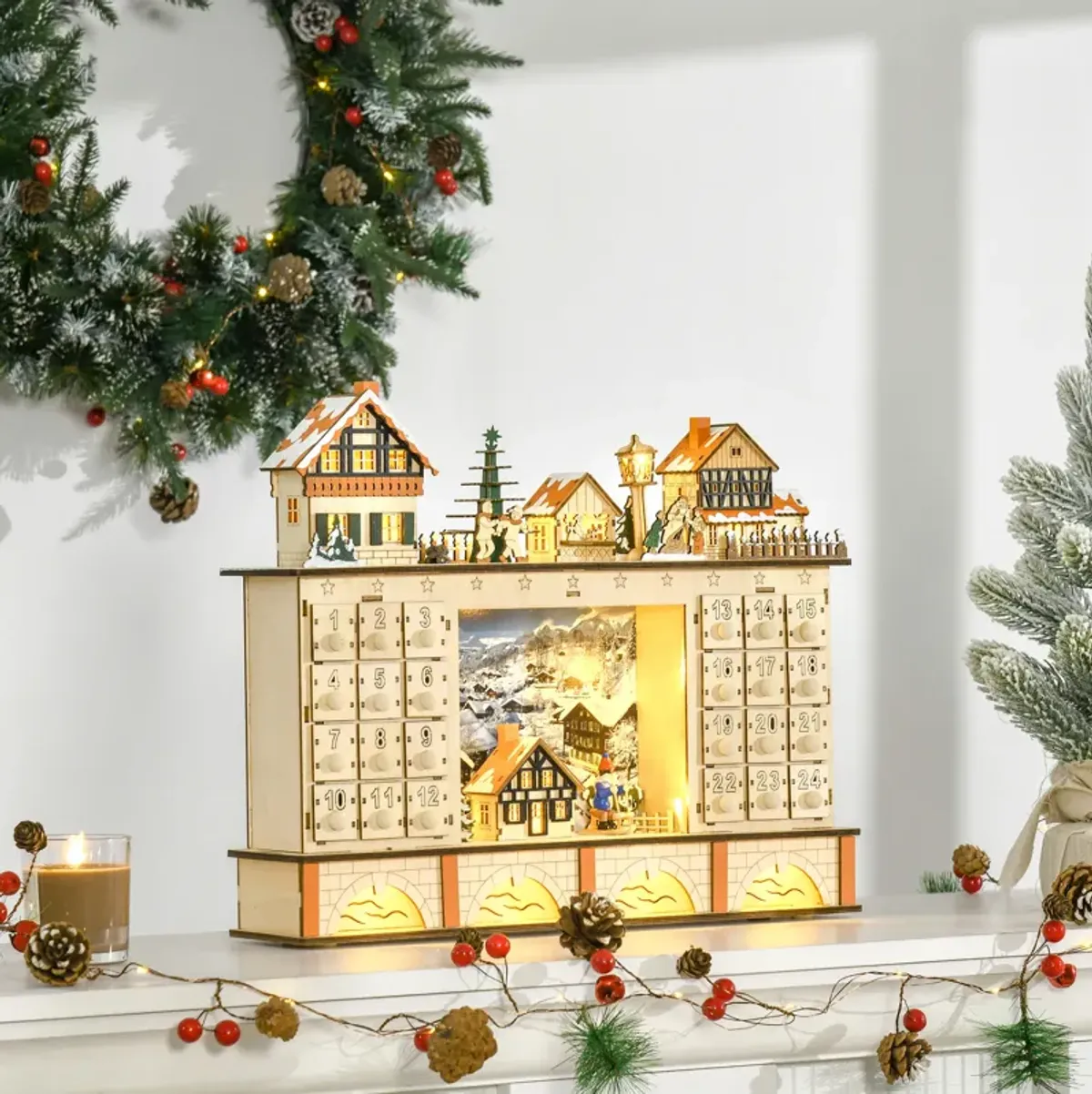 Christmas Advent Calendar, Light Up Wooden Store w/ Countdown Drawer, Village