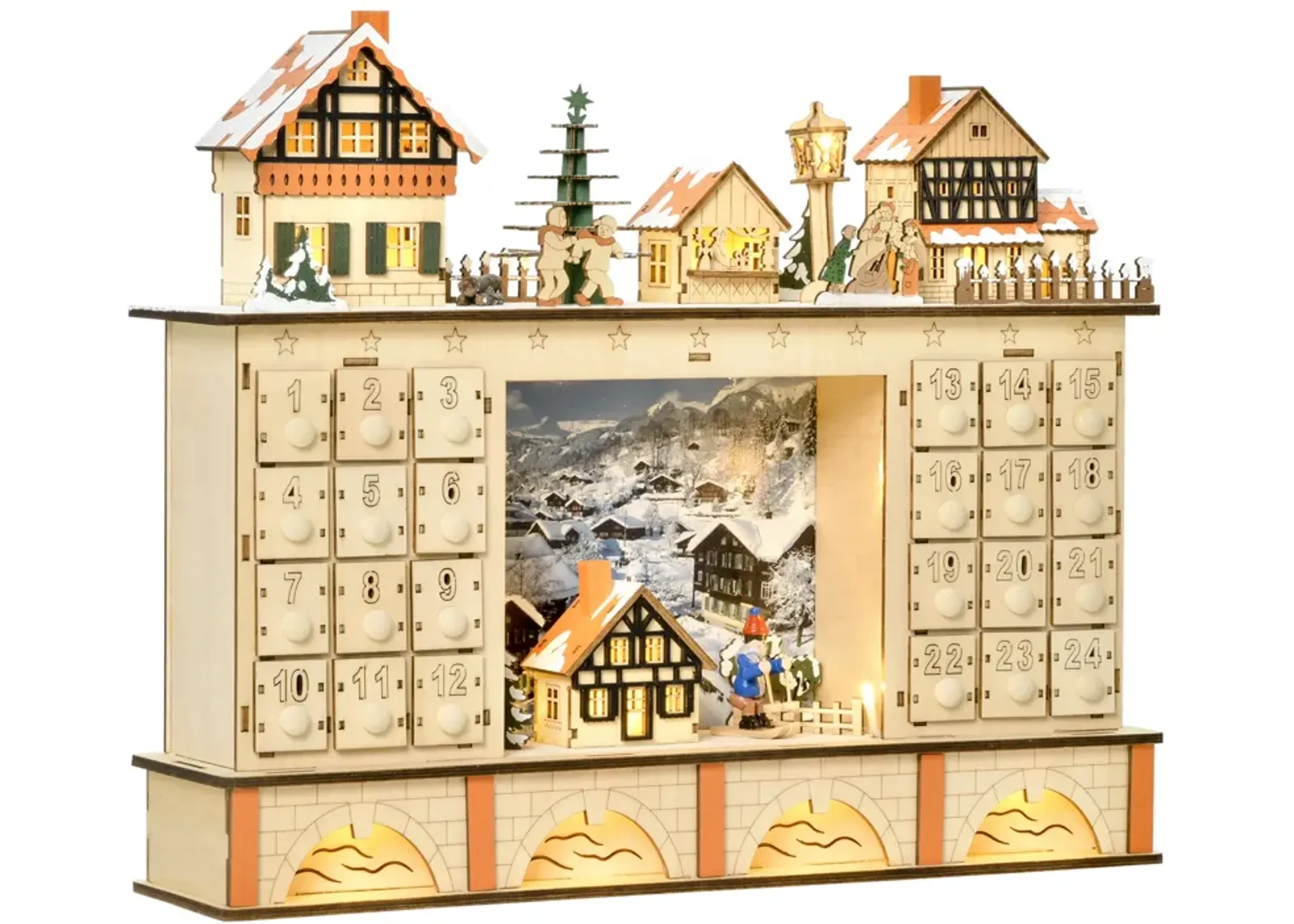 Christmas Advent Calendar, Light Up Wooden Store w/ Countdown Drawer, Village