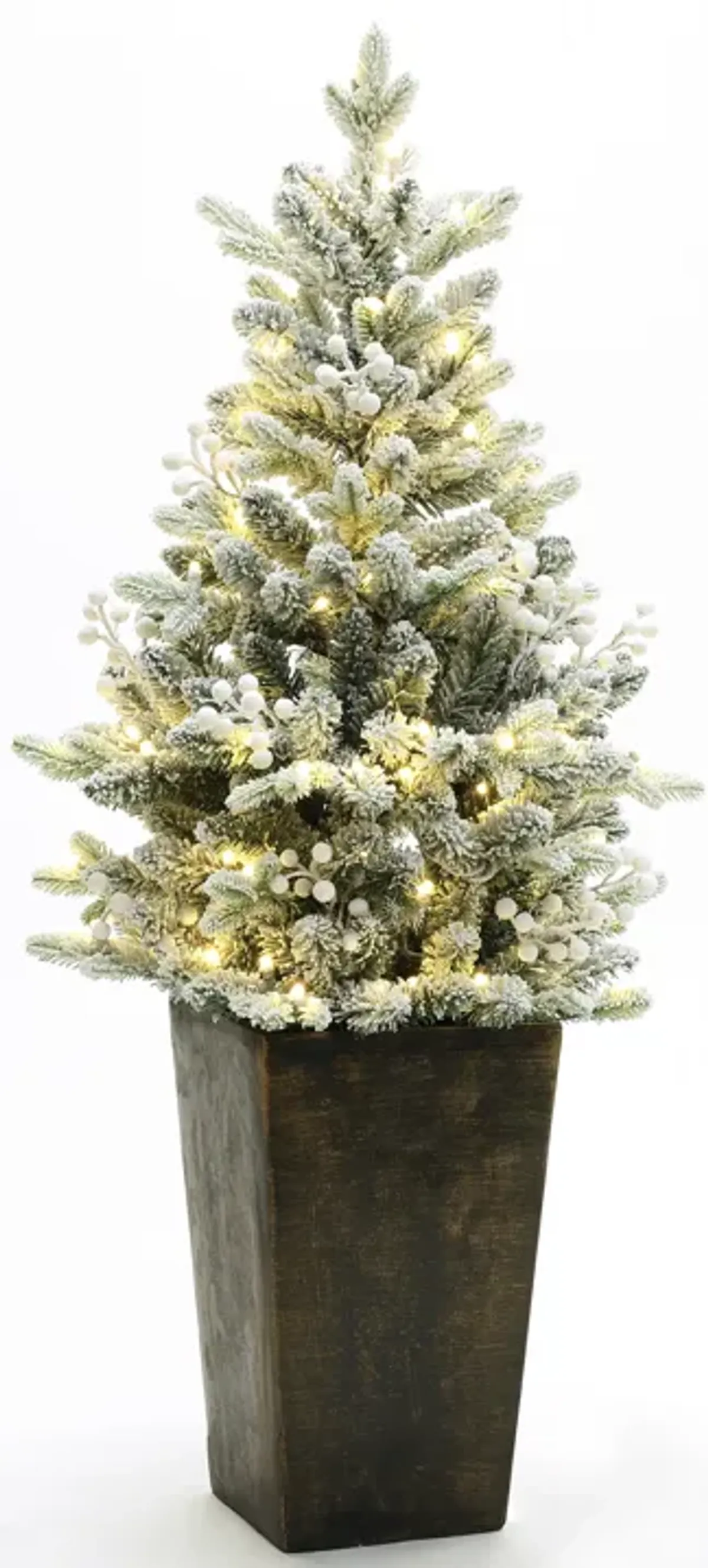 LuxenHome 4Ft Pre-Lit Flocked Artificial Tree in Tall Pot