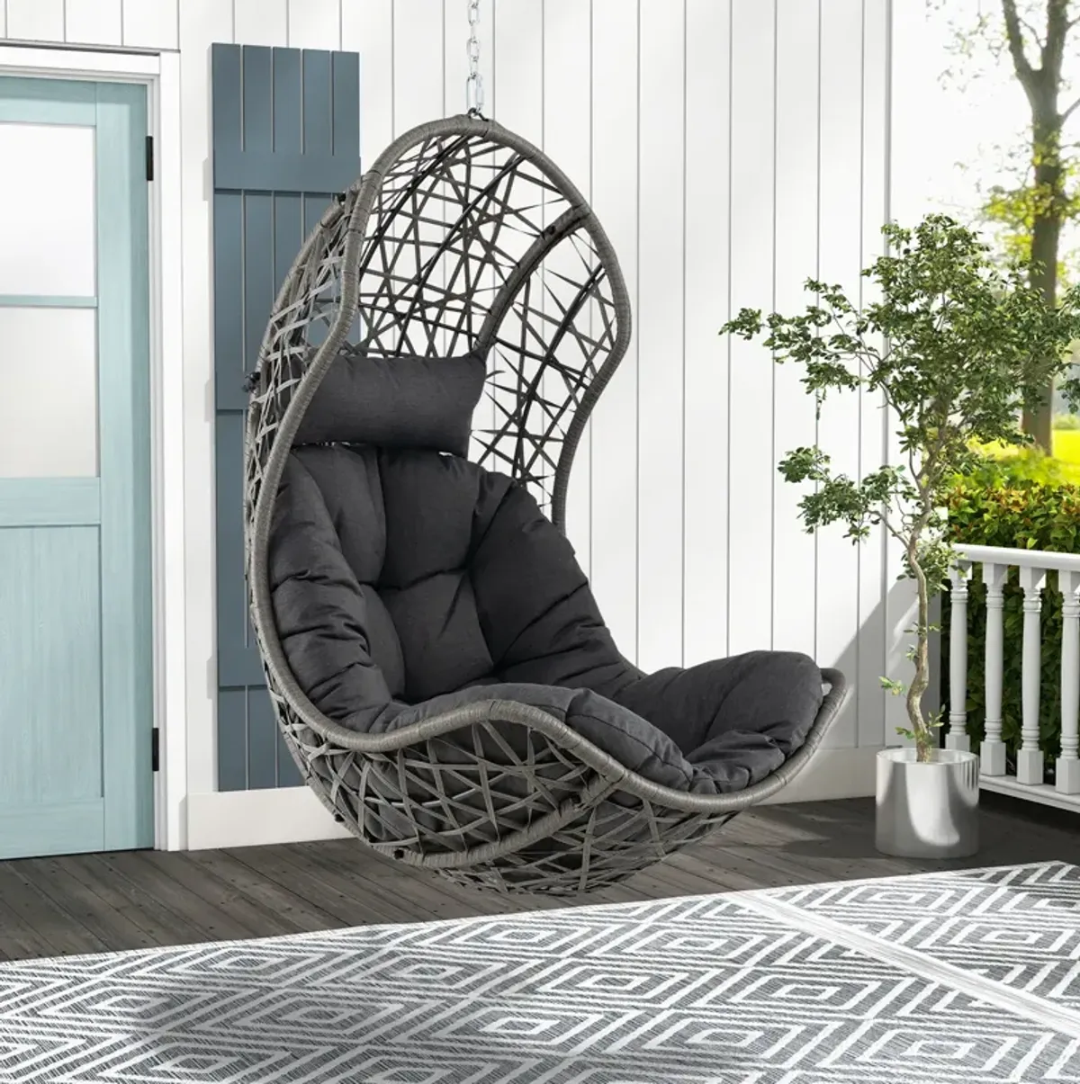 Hanging Egg Chair PE Rattan Swing Hammock Chair with Soft Pillow and Cushion-Gray