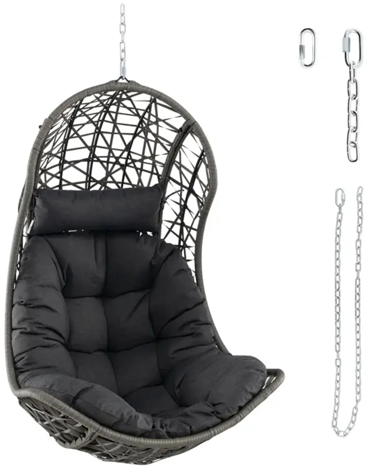 Hanging Egg Chair PE Rattan Swing Hammock Chair with Soft Pillow and Cushion-Gray