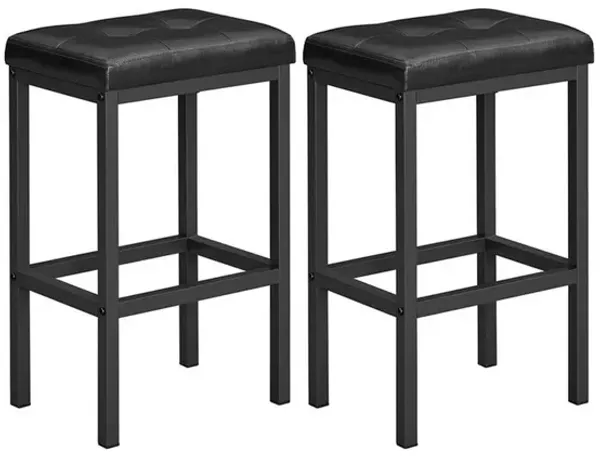 24 Inch Counter Stool Set of 2, Black Faux Leather Square Padded, Steel - Benzara